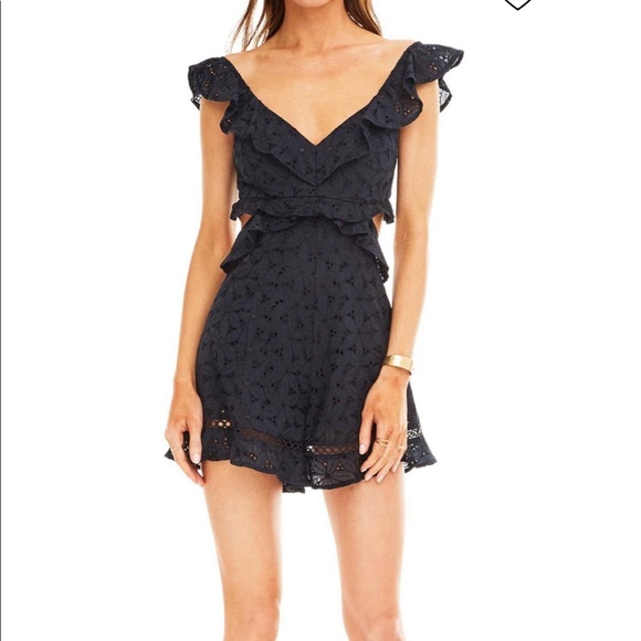 ASTR ALEXIS ROMPER Ruffle Cut Out Back Eyelet Floral Embroidery Dark Blue - Picture 6 of 16
